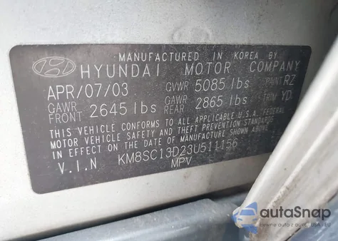 2003 Hyundai Santa Fe Gls/Lx из США, поврежденный, VIN KM8SC13D23U511156